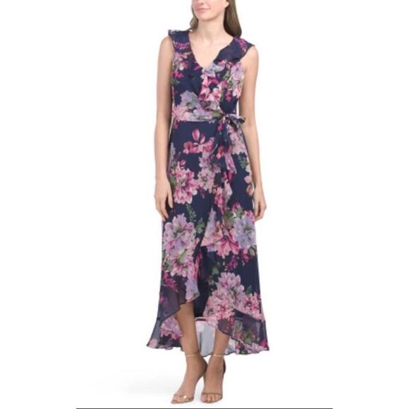 NWT London Times Navy Pink Floral Ruffled Chiffon Maxi Dress Women’s Size 10 - Picture 1 of 11